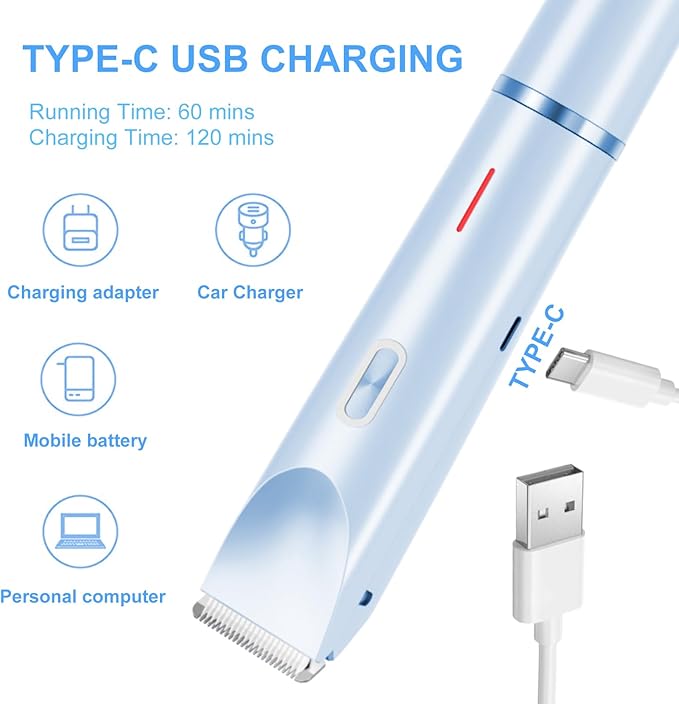 Electric Bikini Trimmer for Women, 2-in-1 Waterproof Painless Hair Removal, Face Body Private Area Shaver, Blue