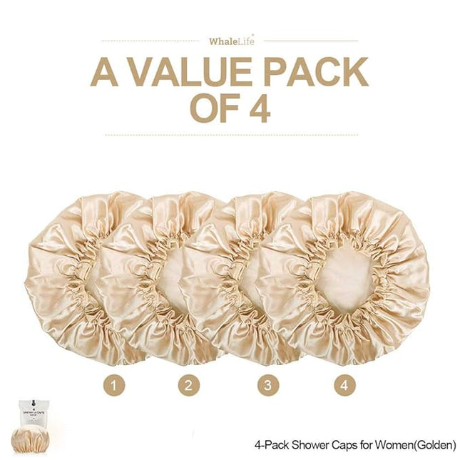 Shower Cap for Women Reusable Extra Large Shower Cap for Men (Golden 4 Pack Large) Satin Double Layer EVA Waterproof Long Hair Cap