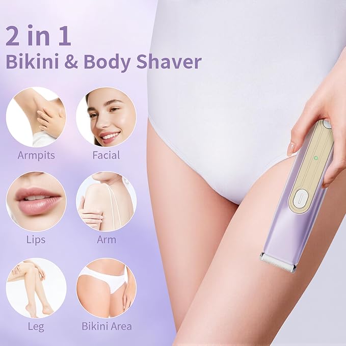 Bikini Trimmer for Women, 2-in-1 Dual Head Electric Shaver for Women, IPX6 Waterproof, Painless Body Hair Trimmer and Facial Hair Remover for Underarm, Leg, Arm, Face, Purple