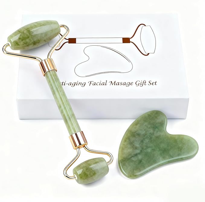 Jade roller and gua sha, facial roller, women's skincare tool, self-care gift, face, eye, neck massager, relieves fine lines and wrinkles, aventurine, opal, rose quartz