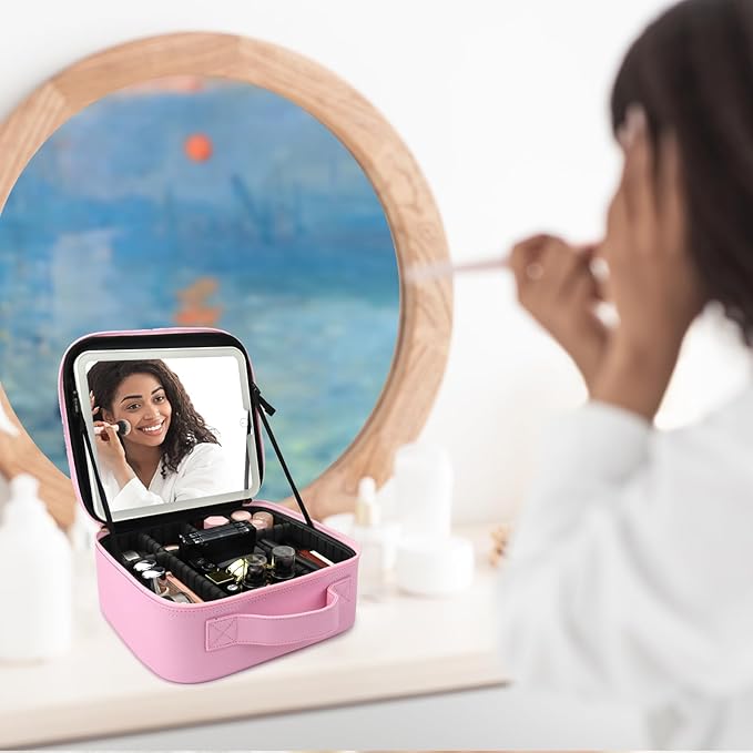Travel Makeup Bag with LED Mirror Travel Makeup Organizer with 3 Lighted Settings, Adjustable Dividers and Makeup Brush Storage Bag Light Pink