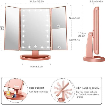 WEILY Makeup Mirror with 21 LED Lights,Two Power Supply Modes, Adjustable Touch Screen and 1x/2x/3x Magnification Tri-Fold Vanity Mirror,Chargeable Travel Cosmetic Mirror for Desktop(Rose Pink)