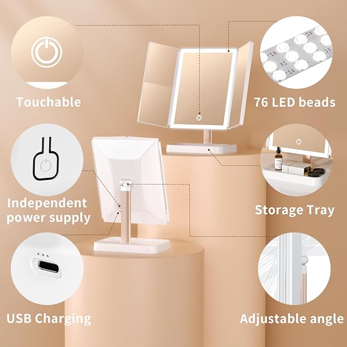 3- Folding Makeup Mirror, 76 LED Beads, 3 Adjustable Color Modes,Long Press The Touch Button to Adjust The brightness1%-100%, 1x / 2X / 3X Magnification，Rechargeable (Ivory White)