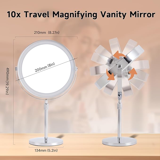 1X/10X Magnifying Makeup Mirror with Lights - 8" Dual-Sided Vanity Mirror with 3 Color Lights for Women's Travel Cosmetic Mirror & Gift | 3000 mAh-USB Rechargeable | 360° Rotation | Adjustable Height