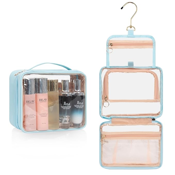 CUBETASTIC Hanging Travel Toiletry Bag, Clear Makeup Bag, Transparent 3 Comparment Small Travel Bag Cosmetic Organizer Case Portable Skincare Pouch with Handle (Blue, Small (Pack of 1))