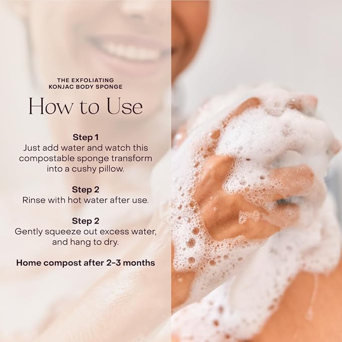 The Exfoliating Konjac Body Sponge, Natural, Reusable, Compostable Bath Sponge for Sensitive Skin, Charcoal Cleansing, 60+ Uses, 1 Each