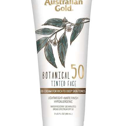Australian Gold Botanical SPF 50 Tinted Sunscreen for Face, Non-Chemical BB Cream & Mineral Sunscreen,Water-Resistant,Matte Finish,For Sensitive Facial Skin,Rich to Deep Skin Tones, 3 FL Oz, Rich-Deep