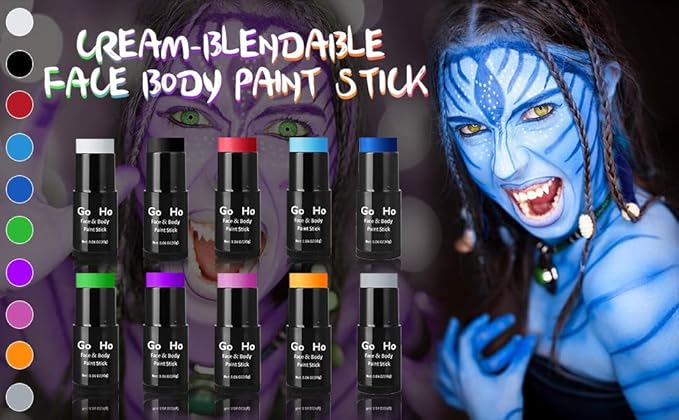Go Ho Cream-Blendable Blue Face Paint Stick (1.06 Oz),Full-coverage Royal Blue Face Body Paint for Adults Children Halloween Cosplay Avatar Smurf Clown SFX Makeup,Waterproof Sport Eye Black Stick