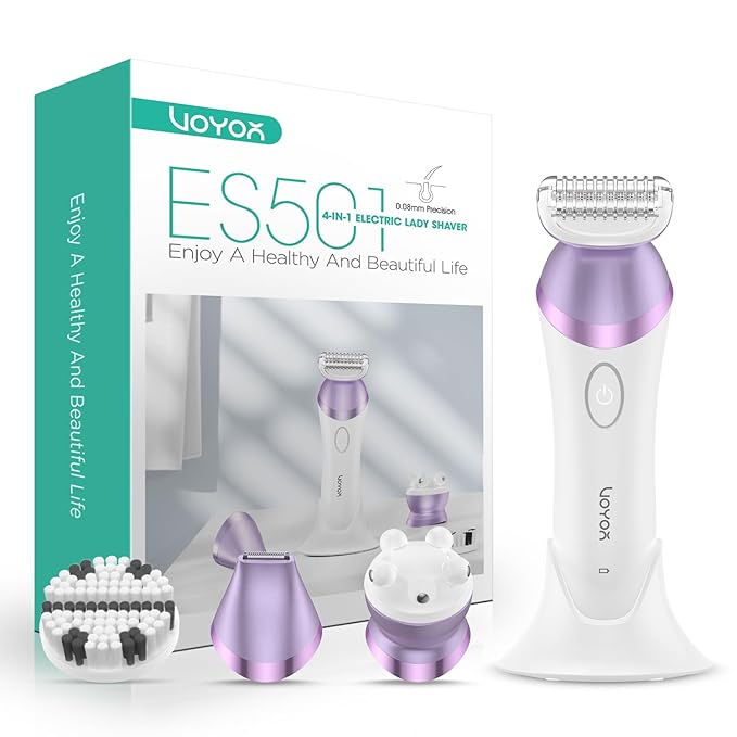 VOYOR Electric Razors for Women 4 in 1 Bikini Trimmer, Foil Shaver for Women 4 Replacement Heads for Body, Pubic Hair Trimmer, Cleansing, Massage 2 Adjustable Speeds Rechargeable Shaver ES501 (Purple)