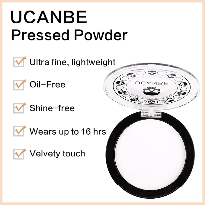 UCANBE White Pressed Setting Powder for Special Effects & Halloween Makeup, Translucent Matte Finishing Powder, Baking White Face Powder for Long Lasting Coverage, Portable Compact