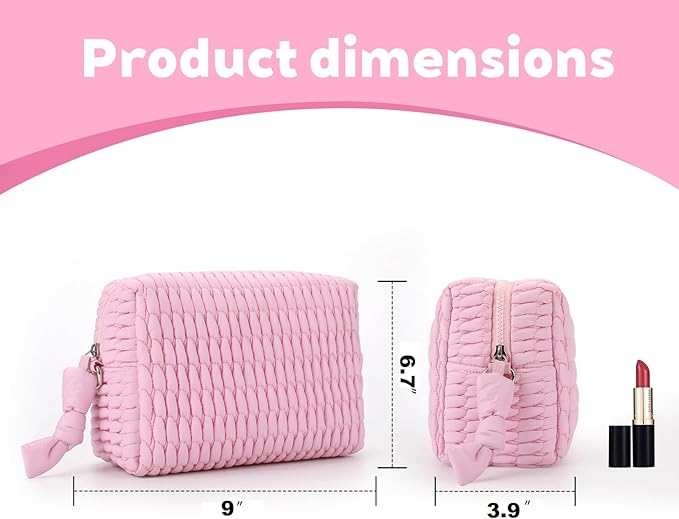 Quilted Makeup Bag Ruffle Cosmetic Bag, Travel Toiletry Bag for Women with Wrist Strap, Cute Makeup Bag Organizer, Portable Aesthetic Make up Organizer Bag for daily work Gift Giving (PINK)