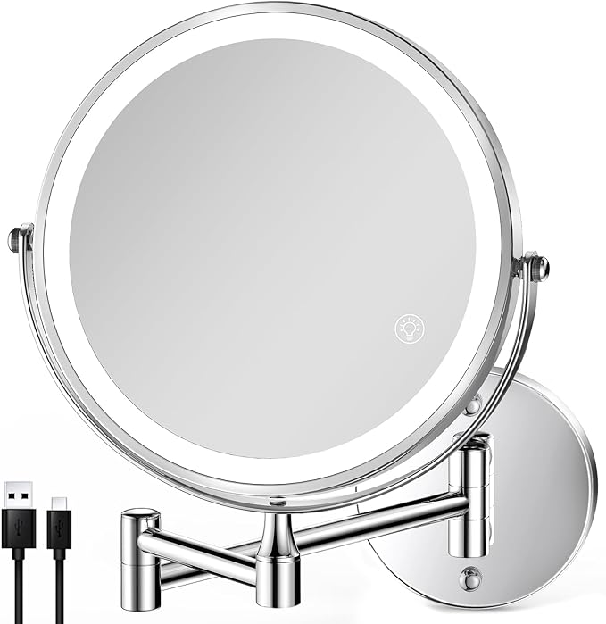 8.5 Inch Rechargeable Wall Mounted Lighted Makeup Mirror, Double-Sided 1X/10X LED Magnifying Vanity Mirror with Lights, 3 Color Lights Touch Screen Dimmable 360°Swivel 18 Inch Extendable - Chrome