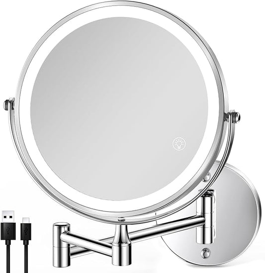 8.5 Inch Rechargeable Wall Mounted Lighted Makeup Mirror, Double-Sided 1X/10X LED Magnifying Vanity Mirror with Lights, 3 Color Lights Touch Screen Dimmable 360°Swivel 18 Inch Extendable - Chrome