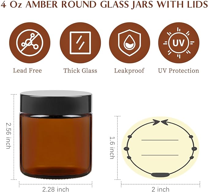 TUZAZO 4 Oz Thick Amber Round Glass Jars with Inner Lids and Black Lids, 24 Pack Small Empty Candle Making Jars/Cosmetic Containers for Lotions, Creams, Body Butters, Essential oil Beauty Products