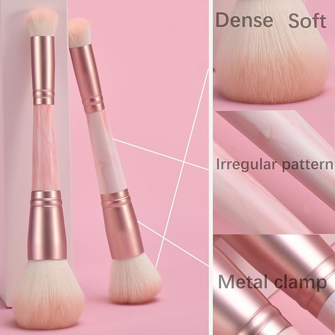 4PCS Pink Dual-Ended Makeup Brushes & Blending Sponge Set, Professional Foundation Concealer Eyeshadow Kabuki Brush with, for Liquid Powder Cream, Vegan & Cruelty-Free