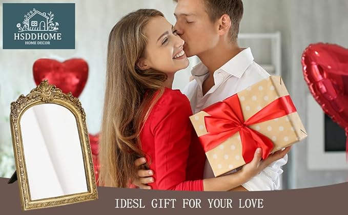 Small Gold Vintage Vanity Desk Makeup Mirror Antique Decorative Wall Mirror,Resin Carved Arch Table Mirror with Stand for Living Room,Bedroom Dresser,Desktop Decor 10.2" x 7" ﻿