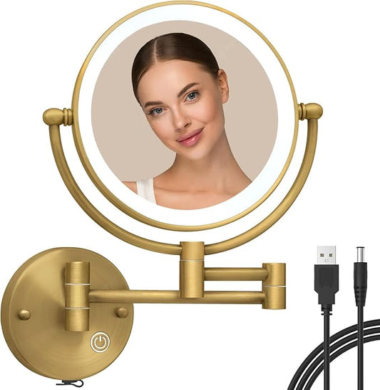 Brass Wall Mounted Makeup Mirror with Lights and Magnification, Rechargeable Lighted Magnifying Mirror Wall Mount with 1X and 5X, Brushed Antique Brass Bathroom Arts Ware