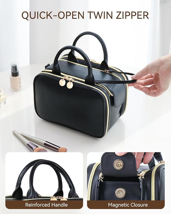 Prite Makeup Bag for Women, Large Capacity Waterproof Travel Cosmetic Organizer, Portable Open Flat Toiletry Bag with Free-standing Brush Holder and Handle(Black Large)