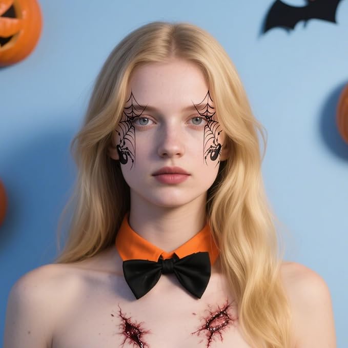 8Pcs Halloween Spider Face Tattoo, Spooky Spiderweb Halloween Face Tattoos, Face Temporary Tattoo Sticker, Temporary Makeup Tattoo Stickers for Halloween Stage Masquerade Party