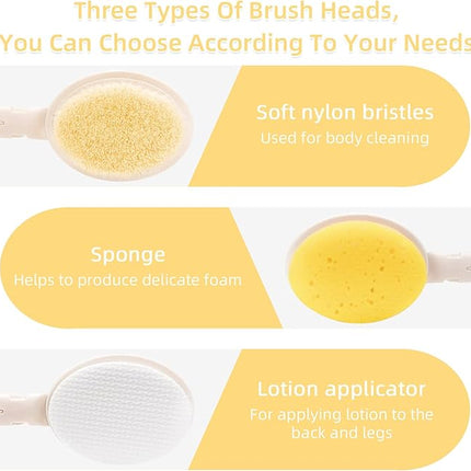 LFJ 19" Long Handle Shower Sponge Brush Set, 3 in 1 Body Brush, Bath Sponge and Lotion Applicator Improved Skin Health, Suitable for Men and Women (White Brush-1P)