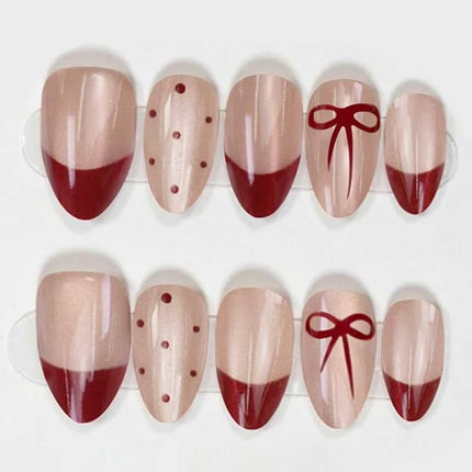 Short Press on Nails Almond Fake Nails with French Bow Dot Designs Cat Eye Nails Press ons Nude Pink False Nails Artificial Christmas Acrylic Nail for Women Girls 24 Pcs