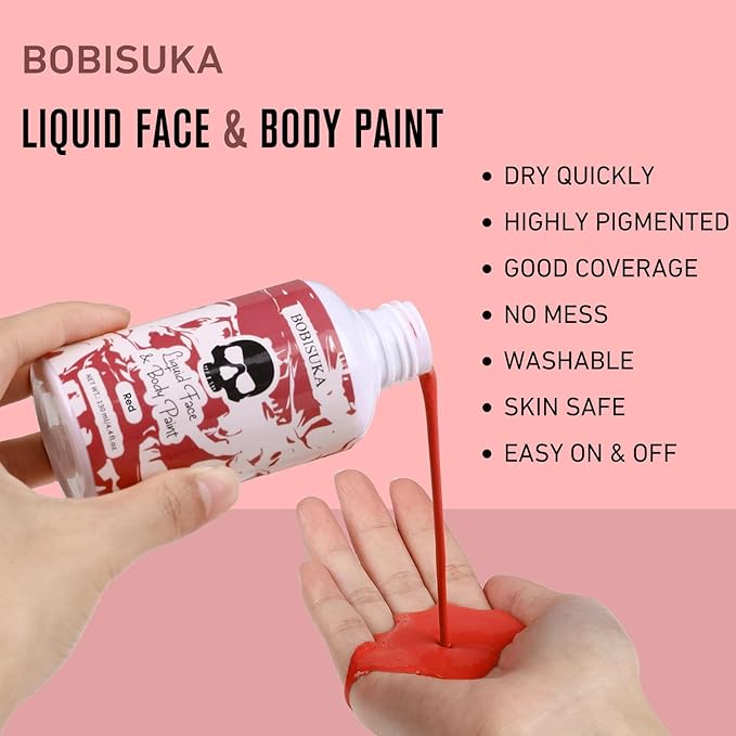 BOBISUKA Red Face Body Paint Liquid Texture Washable Non Toxic Facepaint Fast Drying Foundation Makeup for Halloween Clown Joker Devil Cosplay SFX Costume Party