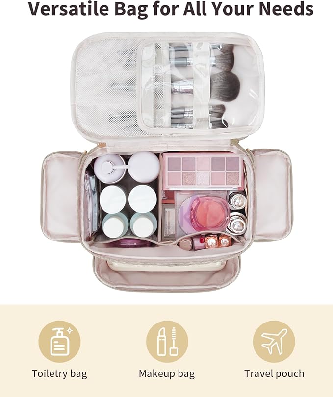 WANDF Travel Toiletry Bag for Women, Wide-open Large Makeup Bag with Handle, Puffy Makeup Organizer for Toiletries, Cosmetics, Accessories, Essentials (Light Khaki)