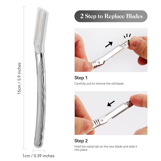 Eyebrow Razor, Face Razors for Women and Men, Reusable Metal Handle with 6 Refill Blades, Eyebrow Trimmer with Precision Cover, Dermaplane Razor, Skin Care Tool - Shiny Silver