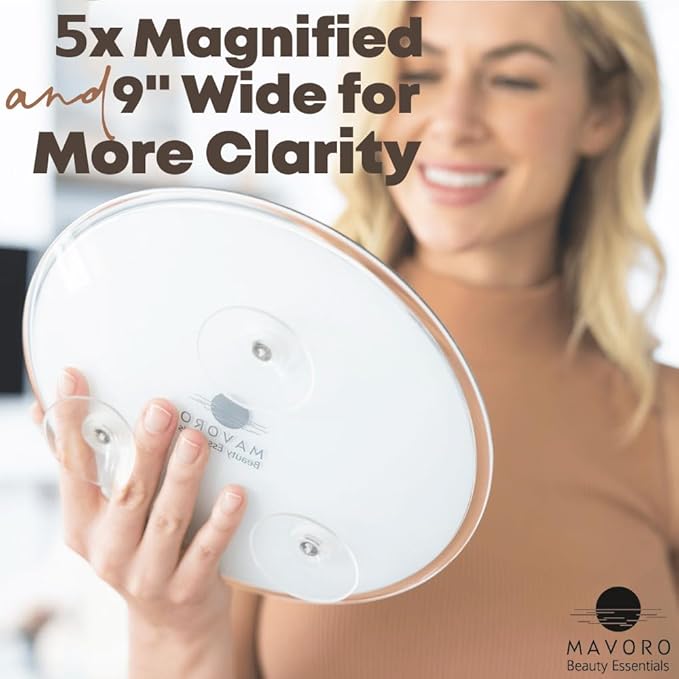 Mavoro 9'' Magnifying Mirror with 3 Strong Suction Cups | 5X Magnification | Portable Travel Makeup & Cosmetic Mirror (5X)