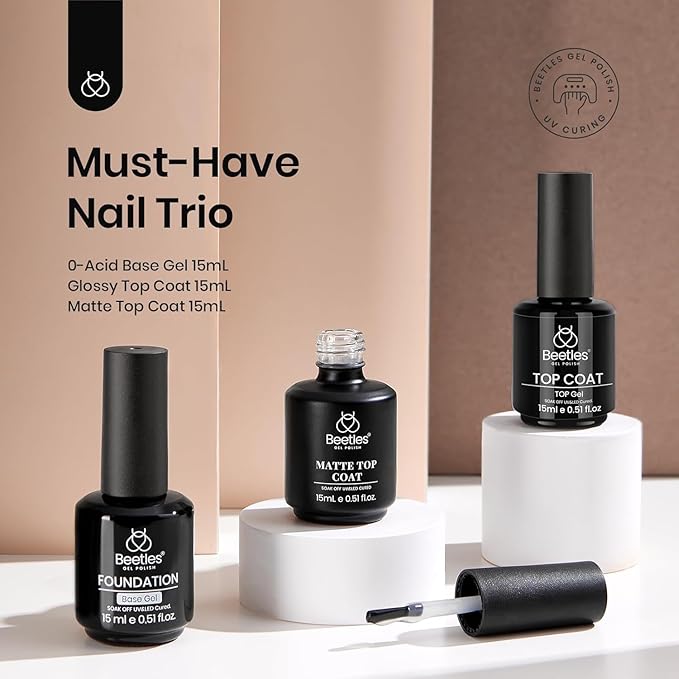 Beetles Matte Gel Top Coat No Wipe Top Coat Gel Nail Polish & Base Coat Set, 3Pcs 15ml Nail Polish Long Lasting Basic Combination, Soak Off LED Nail Lamp Art DIY Design Gifts for Women Her