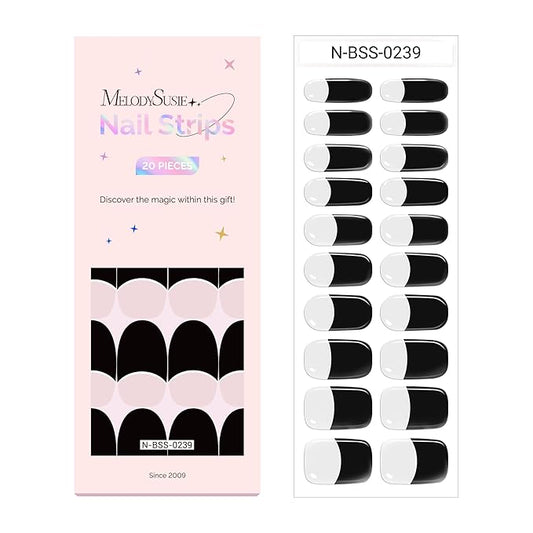 MelodySusie Semi Cured Gel Nail Strips (Micro Black French Tip), Works with Nail Lamp, Salon Quality, Long Lasting, Easy to Apply and Remove, Includes 20Pcs, 2 Prep Pads, Nail File and Wooden Stick