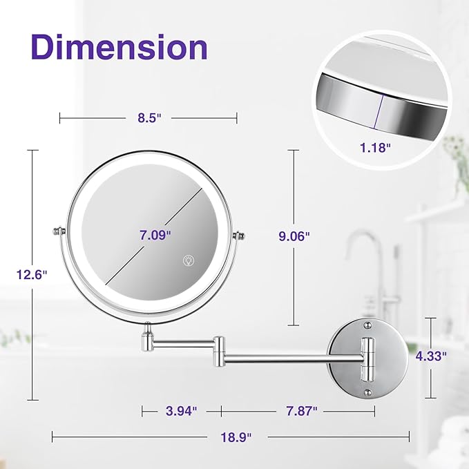 Wall Mounted Lighted Makeup Mirror: 8.5 Inch Double Sided Makeup Mirror with 1X/15X Magnification for Vanity, Bathroom, and Shaving - Chrome