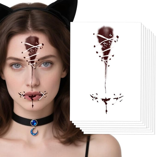 Halloween Temporary Face Tattoos, Temporary Tattoo Stickers,Temporary Makeup Tattoos, Bloody Face Tattoo Sticker Art for Halloween, Adults, Kids, Costume Parties 8Pcs