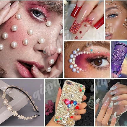 qiipii 2 Styles Solid Blue+Royal Blue AB Flatback Pearls w B7000 Glue for Bedazzling Crafting 3mm-10mm Half Round Beads Gems Bedazzler Kit for Nails Face Eyes Makeup Tumblers Bottles DIY Crafts Shoes