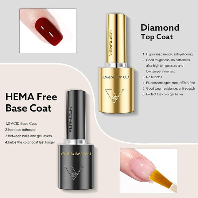 VENALISA 2 Pcs No Wipe Gel Top Coat and Base Coat Set- High Gloss Shiny Base Top Coat Gel Nail Polish Kit, Soak Off Nail Art Home and Professional Manicure