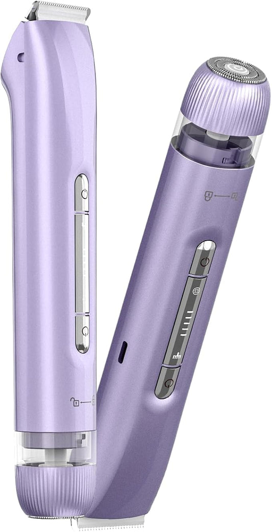 Bikini Trimmer for Women, 2 in 1 Electric Razors for Women Painless Body and Facial Hair Removal, IPX7 Waterproof Wet & Dry Use Bikini Trimmer for Ladies Pubic, Legs, Face, Underarms (Purple)
