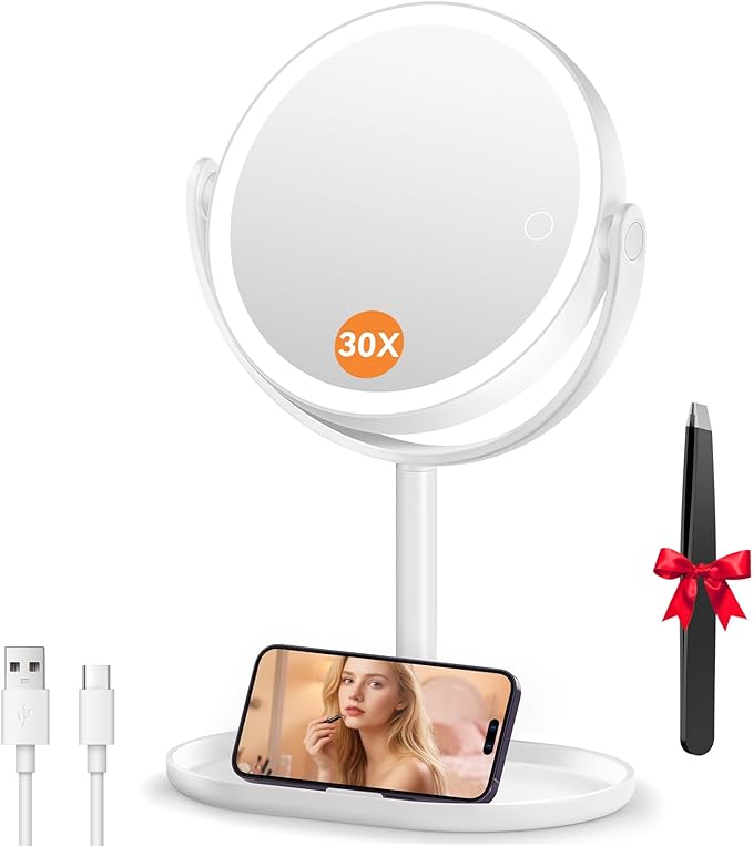 Makeup Mirror with Lights, Double Sided 30X/1X Magnifying Mirror with Light, 3 Color Stepless Dimmable with Touch Screen, Rechargeable 360° Free Standing Vanity Mirrors for Bathroom, Bedroom