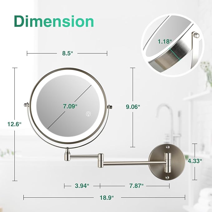 Rechargeable Wall Mounted Makeup Mirror Brushed Nickel, 8.5'' Magnifying Mirror with Lights Double-Sided 1X/10X 360° Rotation Extension Bathroom Shaving Mirror with Foldable Arm