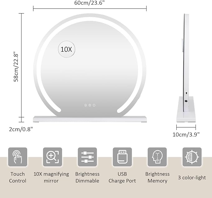YOURLITE Vanity Mirror with Lights,23"x 24" Modern Mirror with LED Lights, 3 Colors Modes & Adjustable Brightness, Makeup Mirrors Vanity Mirror 10x Spot Mirror, USB Charging Port