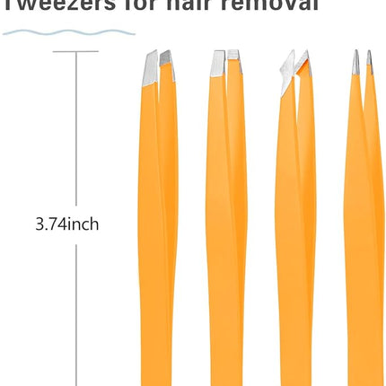 Tweezers Set, High Precision Stainless Steel Eyebrow Tweezers for Facial Hair, Inward Growing Hair and Splinter Remover Kit, Suitable for Women and Men, Pink and Black 4-Piece Set. (Orange)