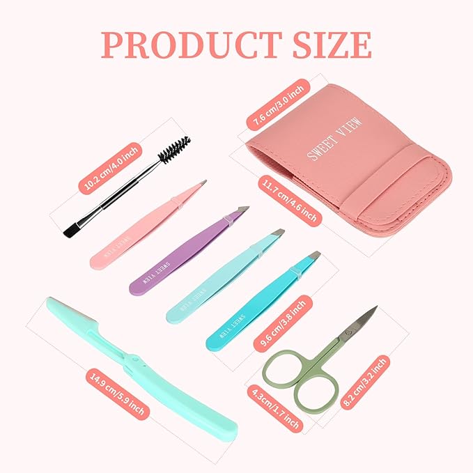 7pcs Eyebrow Tweezers Kit for Women Precision Plucker with Brow Scissors & Razor & Spoolie for Facial, Chin, Brow, Splinter and Ingrown Hair