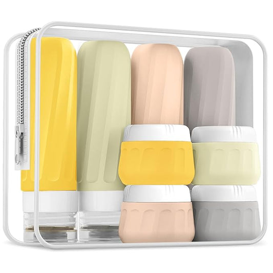 Travel Bottles for Toiletries 8 Pack, Travel Size Toiletries, Tsa Approved Travel Size Containers 3oz, with Travel Essentials Clear Bag, Leak Proof Silicone Squeezable Creams Jars