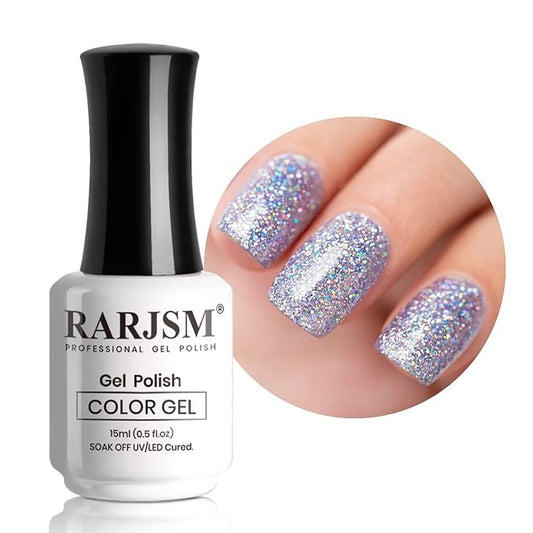 RARJSM Glitter Gel Nail Polish Diamond Blue Sparkly Holographic Iridescent Gel Polish Soak off L e d U V Curing Required Long Lasting High Pigment for Home Salon Manicure Nail Art 15ml