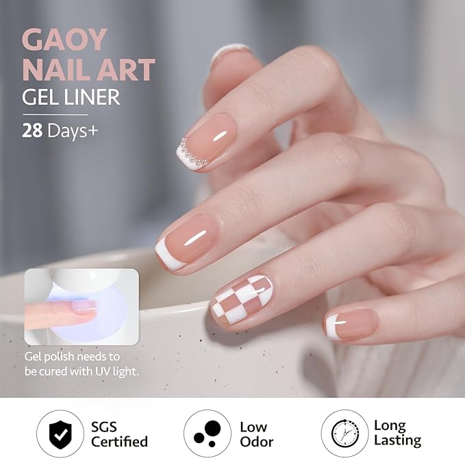 GAOY White Swirl Gel Nail Polish Art Liner, 8ml Classic Color Nail Paint Design with Thin Brush, UV Light Cure for DIY French Manicure at Home