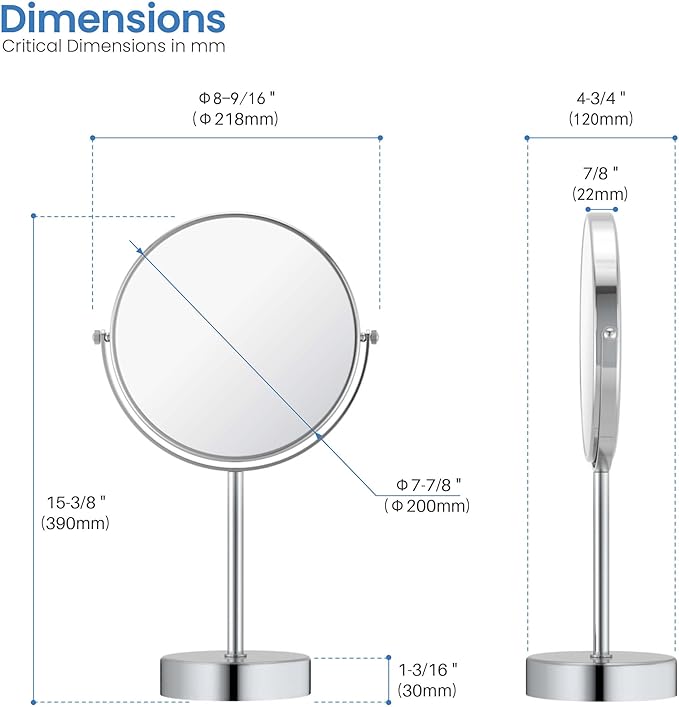 KIBI Free Standing Magnifying Makeup Mirror | Dual-Sided 1X/5X Magnification | 360° Rotating Vanity Mirror for Precise Grooming, Skincare & Beauty (Chrome, KMM103)