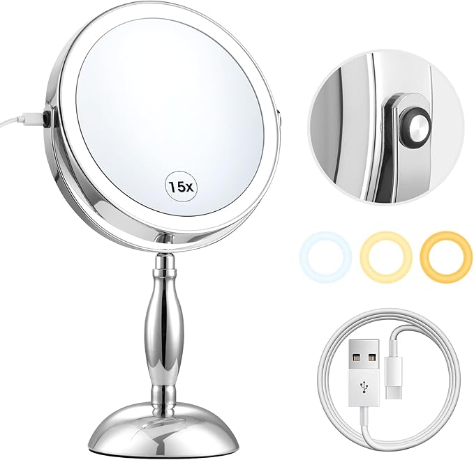 Lighted Makeup Mirror, Rechargeable 8" 3 Color Vanity Mirror, 15x Magnifying Mirror with Brightness Adjustable, 360° Rotation Double Sided Desk Mirror, STC- Side Charging & Side Touch Switch