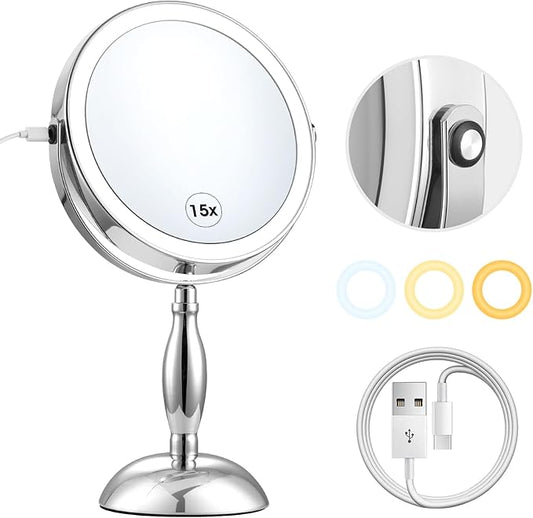 Lighted Makeup Mirror, Rechargeable 8" 3 Color Vanity Mirror, 15x Magnifying Mirror with Brightness Adjustable, 360° Rotation Double Sided Desk Mirror, STC- Side Charging & Side Touch Switch