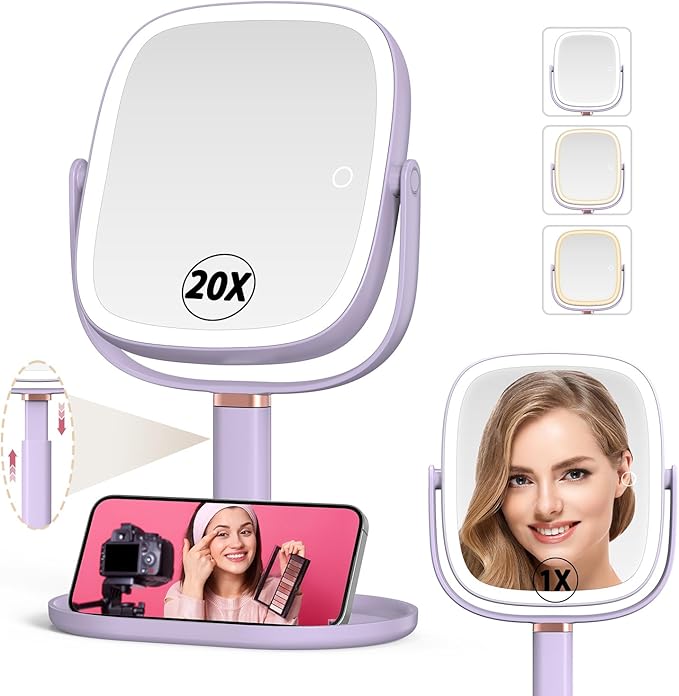 Mocado Makeup Mirror with Lights, 1X/20X Magnifying Mirror with Light, Vanity Mirror with 3 Colors Lights, Height Adjustable Lighted Makeup Mirror, Double Sided 360°Rotation, Memory Function (Purple)