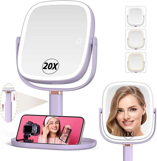 Mocado Makeup Mirror with Lights, 1X/20X Magnifying Mirror with Light, Vanity Mirror with 3 Colors Lights, Height Adjustable Lighted Makeup Mirror, Double Sided 360°Rotation, Memory Function (Purple)