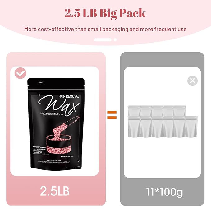 2.5lb Wax Beads, Hard Wax Beads with Upgraded Rose Formula -Wax Beads for Hair Removal Sensitive Skin Women, Includes Sticks & Gloves,Ideal for Bikini/Brazilian/Body/Face Waxing